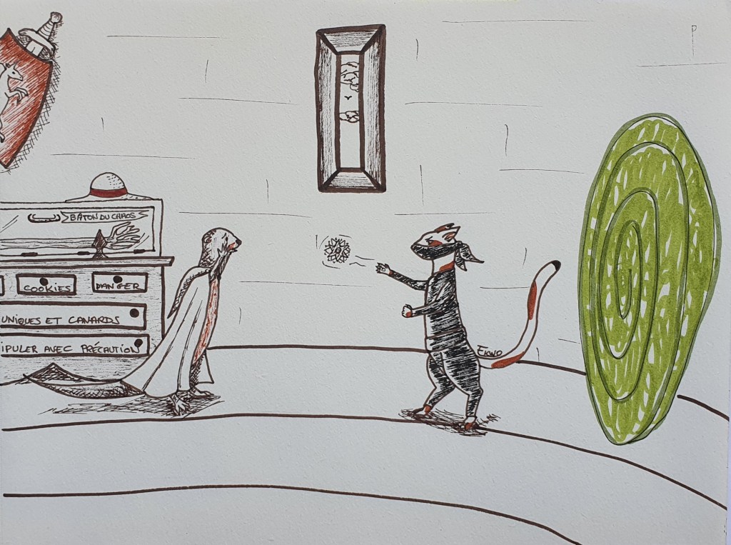 Jour 5 : CHAT C'est un chat à l'air belliqueux qui jaillit du portail. La loutre se sentit presque déçue de ne pas se retrouver truffe à tentacule avec une entité démoniaque.