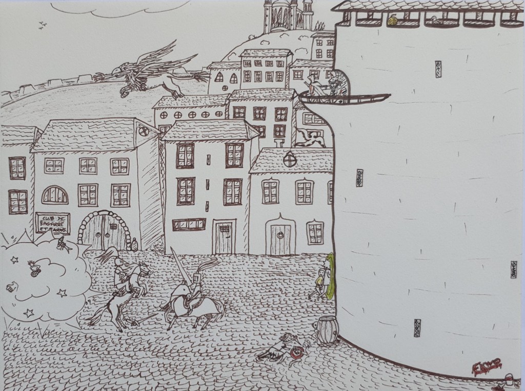 Jour 9 : JOUTE L'animal mythique s'empara à son tour du bâton... et s'envola par la fenêtre, dans l'indifférence générale des citadins, occupés à fêter St Arnould, patron des brasseurs. Ivres de bière, les participants provoquèrent de nombreux duels, que la municipalité regroupa en joutes pour éviter de la fastidieuse paperasse judiciaire.