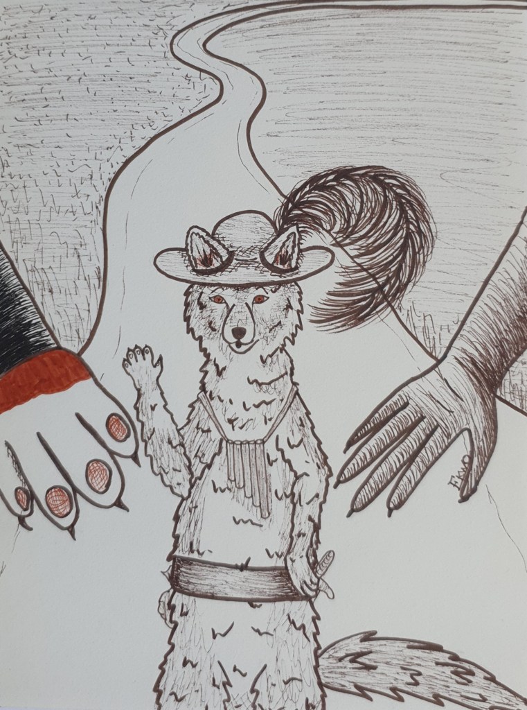 Jour 19 : BARDE Les deux animaux mesuraient avec anxiété le temps passé dans la caravane, qui les retardait dans leur quête. Alors qu'ils considéraient l'éventualité de sauter du véhicule en marche, la caravane eut des soubresauts et s'arrêta. La loutre et le chat s'extirpèrent de leur cachette pour se retrouver truffes à truffe avec un barde.