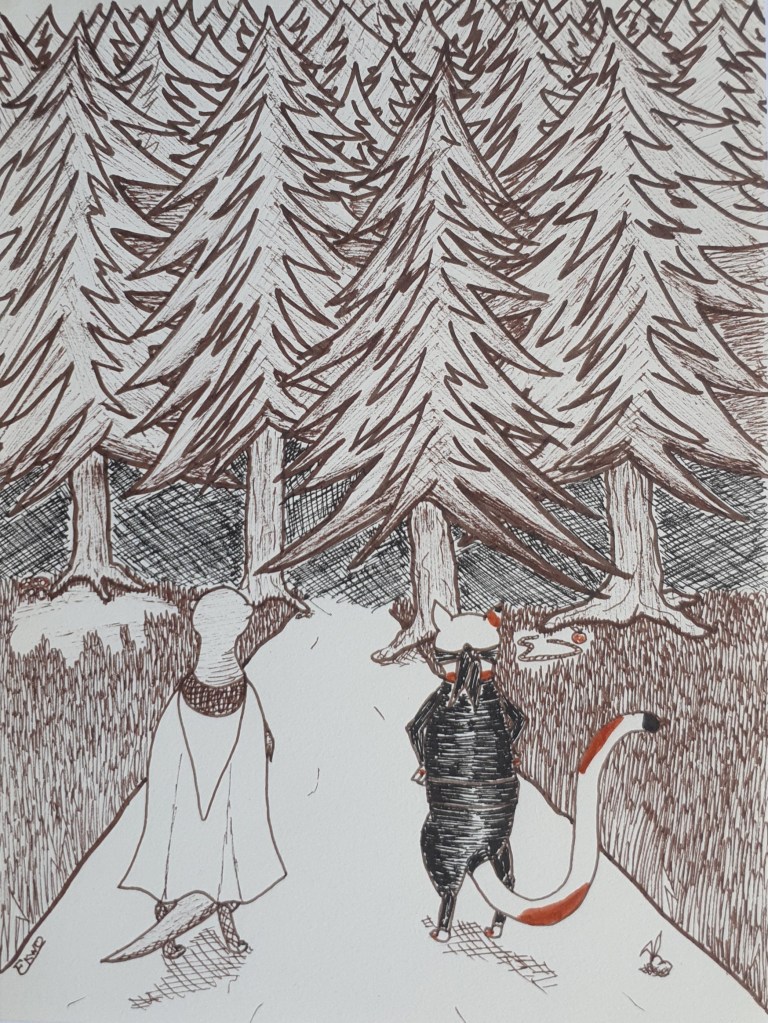 Jour 21 : FORÊT La loutre et le chat prétextèrent d'aller quérir les secours en question, pressés qu'ils étaient de retrouver le bâton du chaos. Ils se dirent qu'ils trouveraient bien de l'aide en chemin, tout en espérant que la forêt devant eux était le bon.