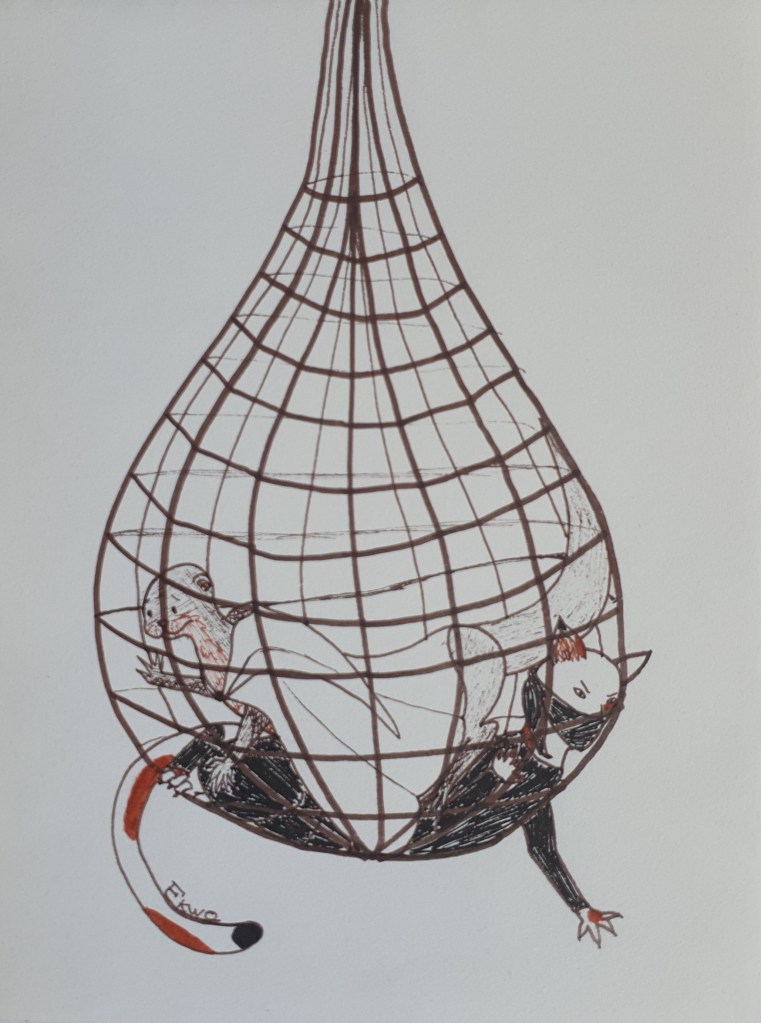 Jour 24 : PIÈGE La loutre, prenant cette mode saugrenue comme un indice de la présence toute proche du bâton du chaos, s'avança joyeusement. Elle était certaine que ses aventures touchaient à leur fin. Un pas de trop et elle se retrouva prise au piège, en compagnie du chat qui l'avait suivie.