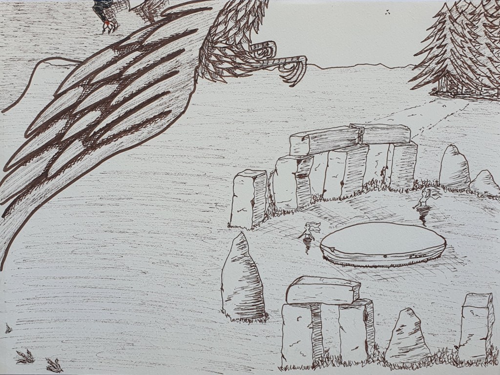 Jour 30 : RUINES Le griffon laissa monter la loutre et le chat sur son dos, avant de s'envoler à tire d'aile, haut dans le ciel. Il les mena jusqu'à un antique cercle de pierres.